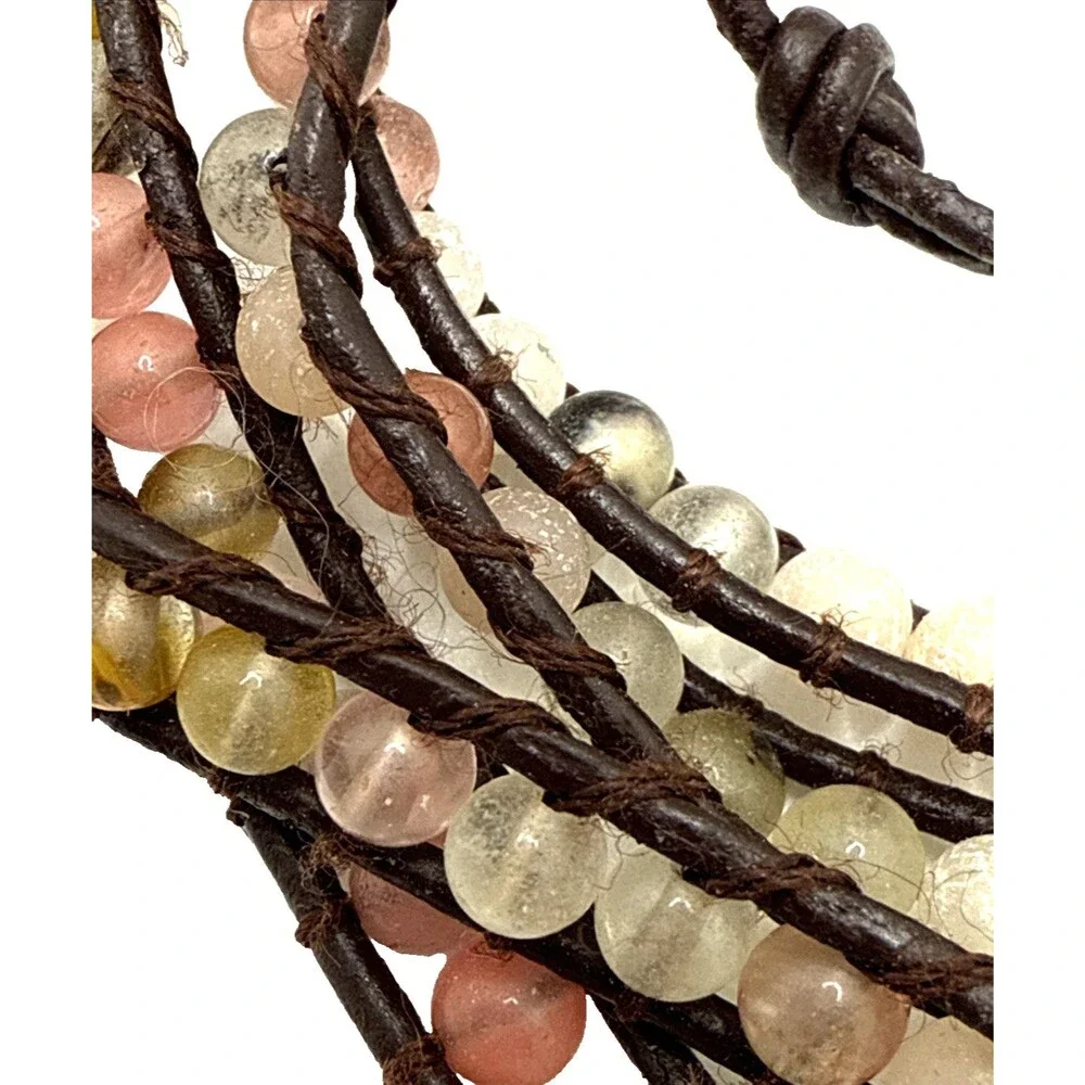 Victoria Emerson Wrap Bracelet Brown Leather Multicolor Stone Beaded Boho 33-36